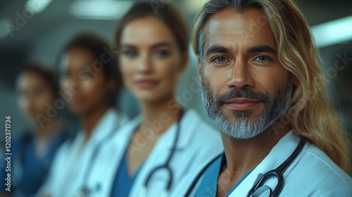 A diverse group of medical professionals in a health clinic, symbolizing teamwork in providing quality healthcare to the community. 290