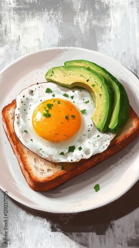 Sliced avocado on toasted bread with a fried egg in bright morning light