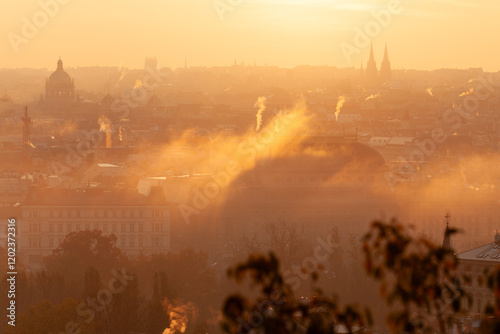 National Theatre, gold fog over Prague Towers at beautiful sunrise, view from the Mala Strana , City of a Hundred Spires - Prague, Bohemia, Czech Republic at sunrise
