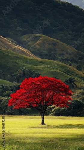 Vibrant red tree stands alone in a green field under a clear blue sky during ...