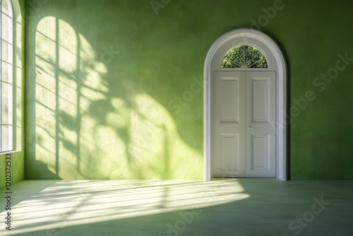 Elegant interior hallway with green walls and white door in modern style design