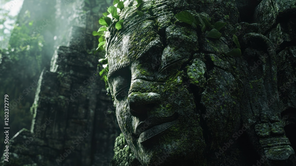 Ancient stone face covered with moss and foliage stands in a lush forest setting Ancient stone face covered with moss and foliage stands in a lush forest setting