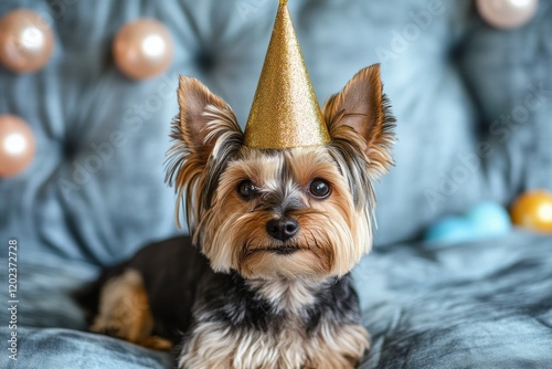 Cute dog wearing a party hat with golden decorations on a cozy bed during a f...