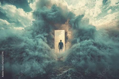 Surreal figure stands before mysterious portal in a cloud-filled landscape at...