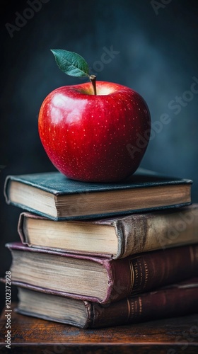 Bright red apple placed on a stack of vintage books in a dimly lit setting
