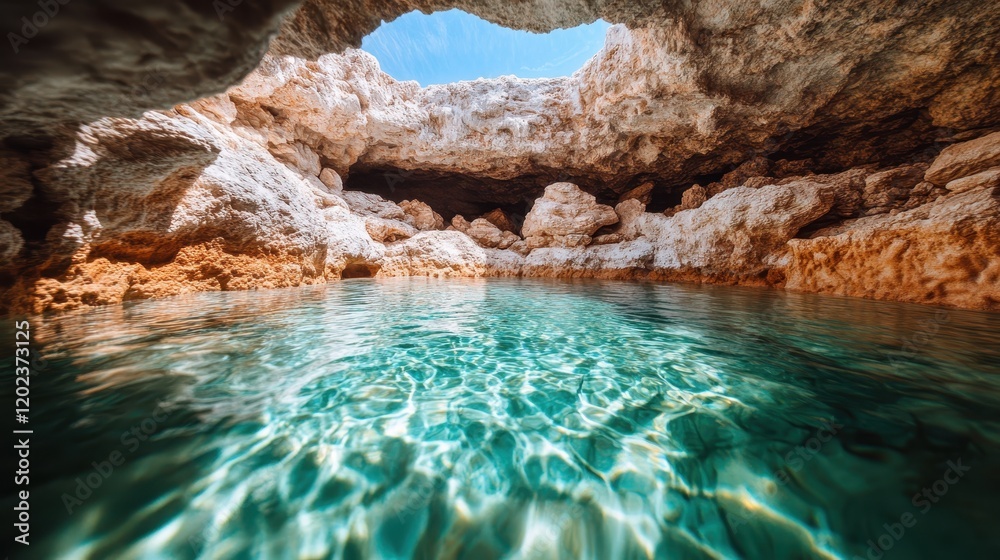 A mesmerizing view of crystal clear water reflecting light inside a natural cave, showcasing the stunning beauty of untouched nature's wonders. A mesmerizing view of crystal clear water reflecting light inside a natural cave, showcasing the stunning beauty of untouched nature's wonders.