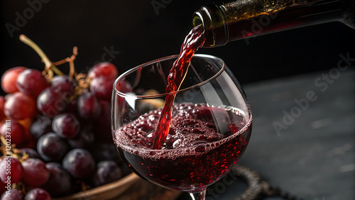 Wine pouring red liquid into glass with grapes and bubbles in dark closeup.