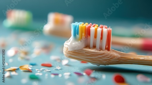 A natural bamboo toothbrush laden with toothpaste, surrounded by colorful decor, highlighting eco-friendliness and creativity in personal care routines. photo