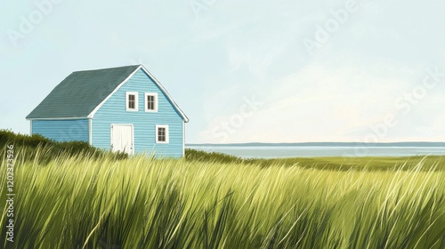 Wallpaper Mural Coastal blue house in field of tall grasses overlooking a calm lake and distant horizon Torontodigital.ca
