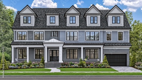 Exterior view of a large, modern, colonial-style home with multiple windows, a covered front porch, and a manicured lawn. photo