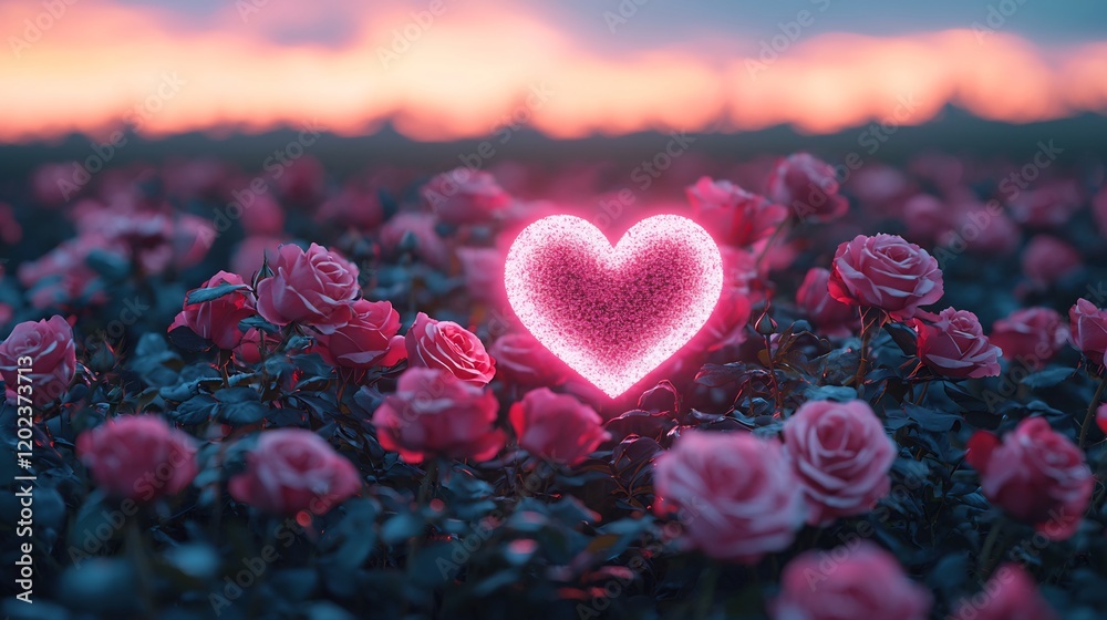 Φωτογραφία Field of roses with a glowing heart symbol in the center radiating love