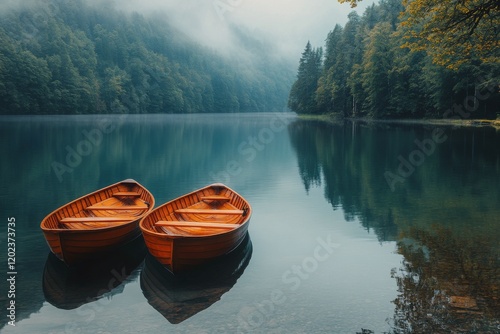 Misty lake with two wooden boats floating quietly in serene surroundings