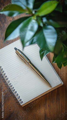 Beautiful green plant placed beside a journal and pen on a wooden table in na...