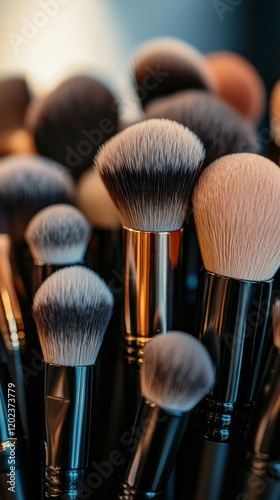 Makeup brushes collected in a close-up display showcasing various shapes and ...
