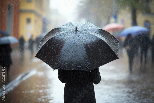 Person walking on a rainy pathway holding a black umbrella surrounded by lush...