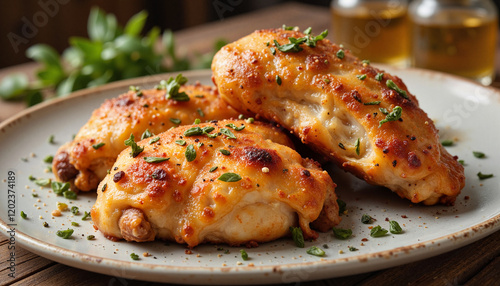 Delicious baked chicken breast with herbs on decorative plate