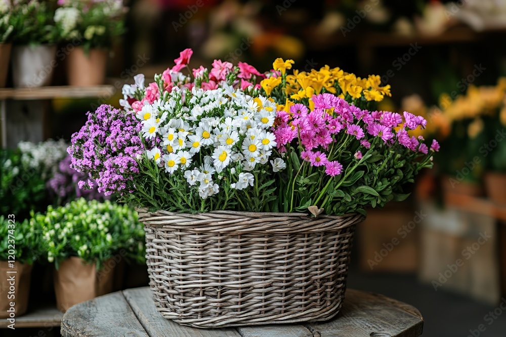 Fototapeta premium Different spring flowers in wicker basket