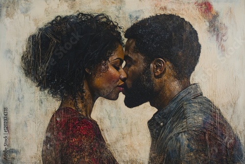 Romantic kiss between young couple in a dimly lit setting with a rustic backg...