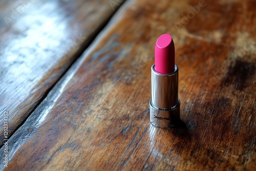 Vibrant pink lipstick resting on rustic wooden surface during indoor makeup r...