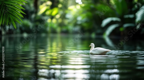 This captivating photograph features a duck gracefully swimming in a pond surrounded by verdant foliage, highlighting the beauty and harmony of nature's ecosystem. photo
