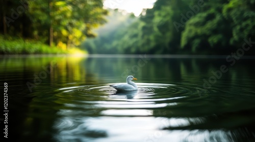 The tranquil image of a lone duck gliding across a calm lake, surrounded by lush greenery, inspires peace, solitude, and appreciation for nature's beauty. photo