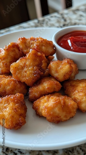 Crispy golden fried snacks served with dip on a plate at a restaurant