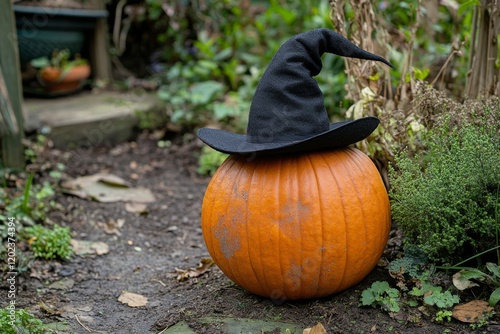 Pumpkin with witch hat placed on garden soil near plants during autumn season