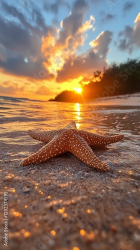 Starfish on the beach at sunset with colorful sky and gentle waves