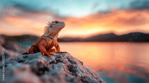 A striking iguana lounges on a rocky surface beside tranquil waters, bathed in the colorful glow of a sunset that enhances the natural beauty of its vibrant scales.