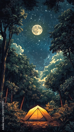 Night campsite under the full moon in a serene forest setting with stars illu...