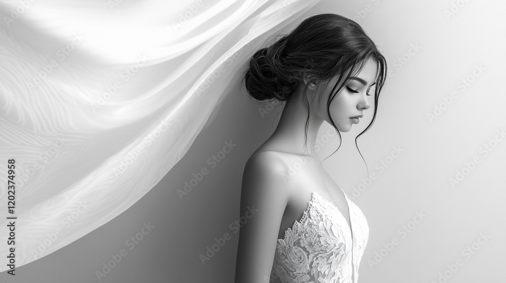 Elegant bride posing gracefully with flowing fabric in a softly lit setting Elegant bride posing gracefully with flowing fabric in a softly lit setting
