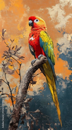 Colorful parrot perched on a branch amidst lush green leaves in a vibrant tro...