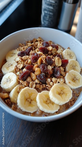 Healthy breakfast bowl with granola and fresh bananas prepared in a stylish k...