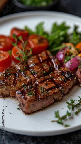Grilled steak served with fresh tomatoes and mixed greens on a white plate