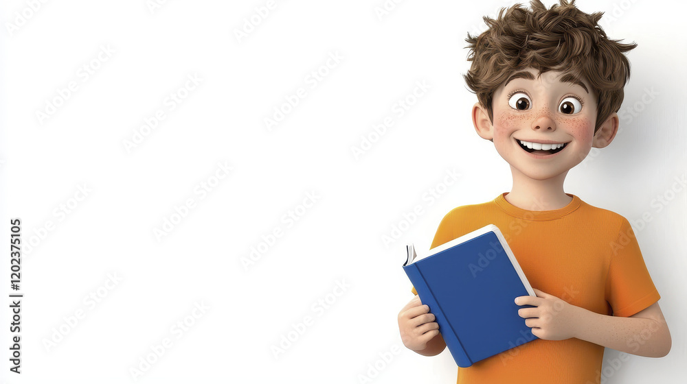 Smiling cartoon boy holding blue book, wearing orange shirt, cheerful expression, bright background Smiling cartoon boy holding blue book, wearing orange shirt, cheerful expression, bright background