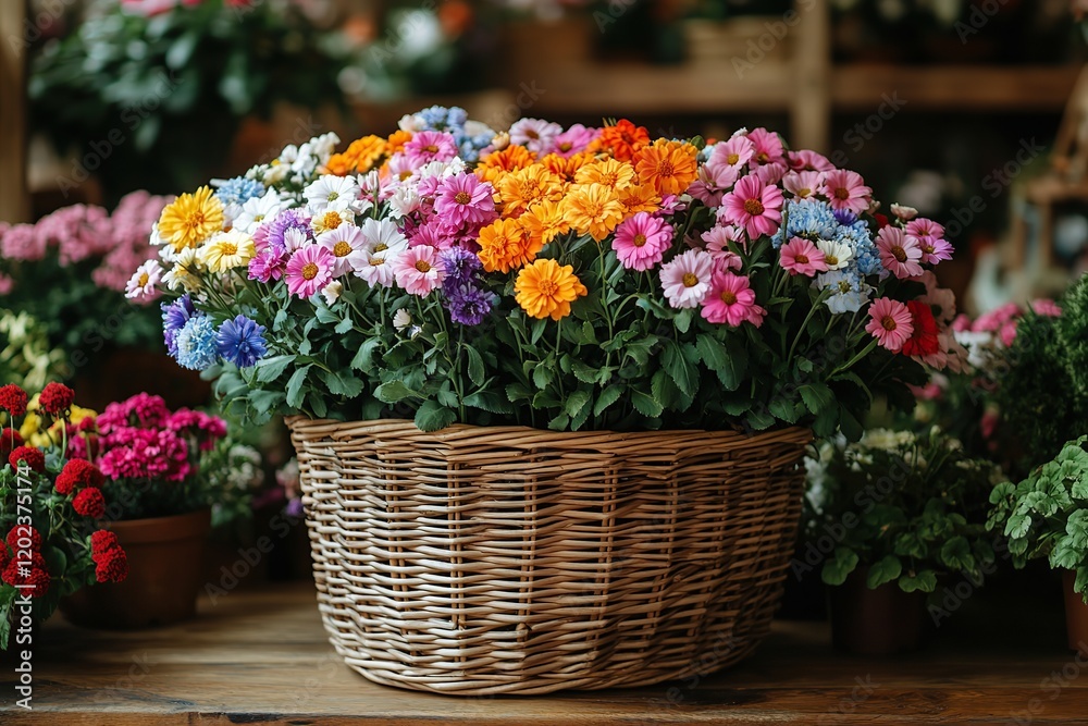 Different spring flowers in wicker basket Different spring flowers in wicker basket