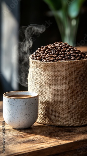 Warm coffee cup next to a sack of steaming coffee beans in a cozy setting