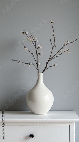 Elegant white vase with delicate flowers on a wooden dresser in a minimalist ...