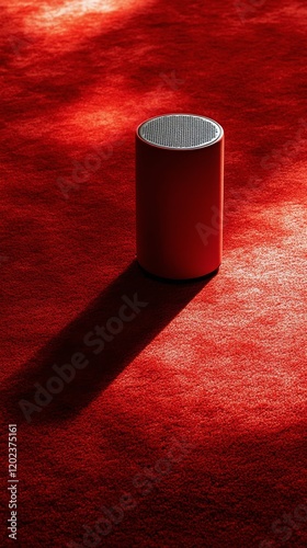 Bright red speaker placed on vibrant red carpet creating striking contrast an...