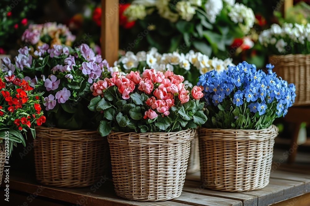 Different spring flowers in wicker baskets Different spring flowers in wicker baskets