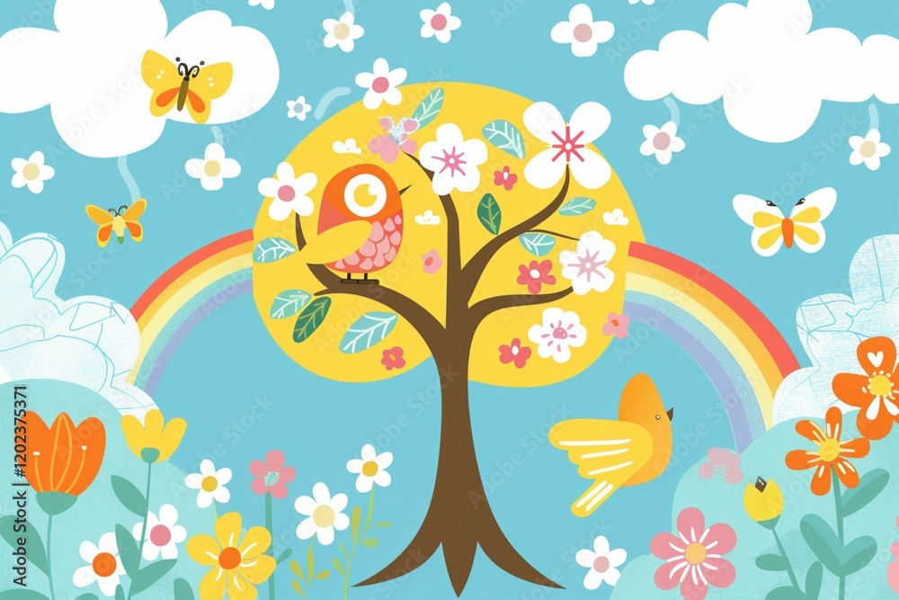 Fototapeta premium Playful children�s illustration featuring a springtime tree filled with flowers, colorful birds, and a bright cheerful atmosphere.