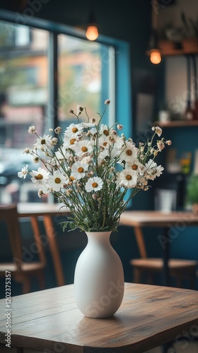 Beautiful white flowers in a vase brighten a cozy cafe setting during daytime