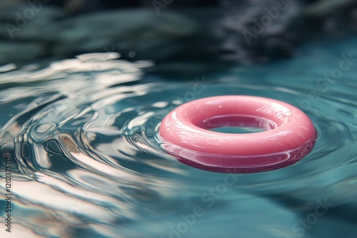 Pink inflatable float drifting in tranquil water on a sunny day near a swimmi...