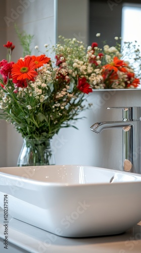 Elegant bathroom with a modern sink and vibrant floral arrangement beside it