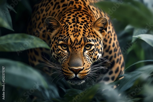 Majestic jaguar prowling through lush rainforest underbrush at dusk