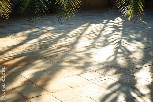Shadows of palm leaves cast on a sunlit stone walkway in a tranquil outdoor s...