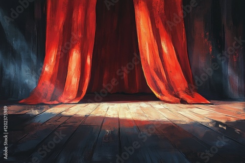 Red curtains parting to reveal a dimly lit stage in a theater setting during ...