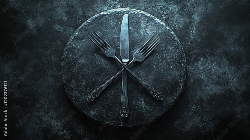 Fototapeta premium Crossed forks and knife on dark slate, textured backdrop for menu