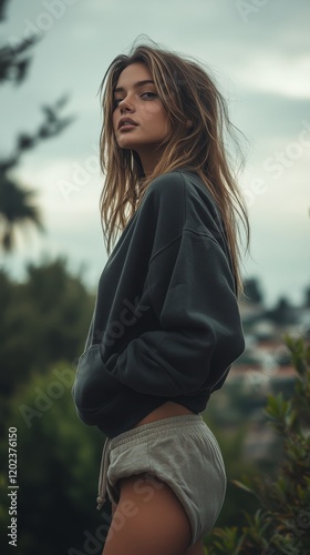 Young woman in casual attire enjoys a sunny day outdoors in a park setting wi...