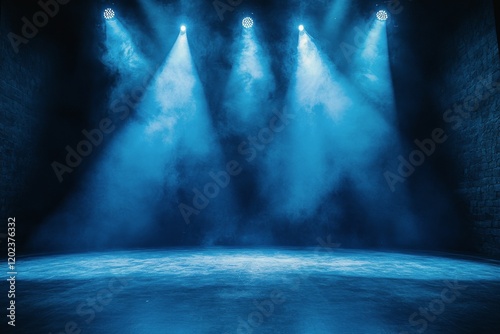 Bright stage lights illuminating a foggy performance area in an event space